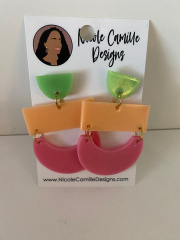 Pink green and orange party earrings