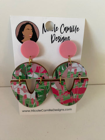 Pink and green drop earrings